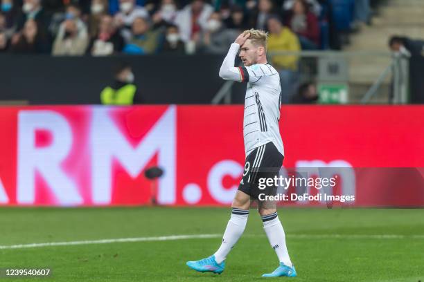 Timo Werner of Germany gestures during the international friendly match between Germany and Israel at PreZero-Arena on March 26, 2022 in Sinsheim,...