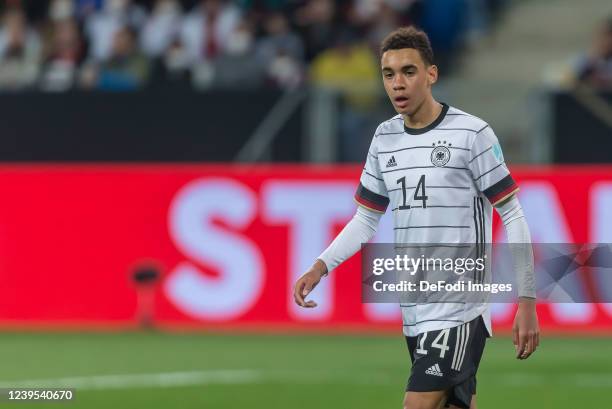 Jamal Musiala of Germany Looks on during the international friendly match between Germany and Israel at PreZero-Arena on March 26, 2022 in Sinsheim,...