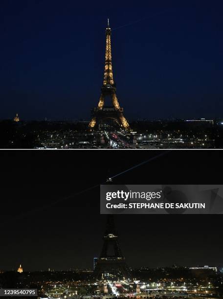 This combination of photographs created on March 26 shows The Eiffel Tower in Paris, before and after the lights were switched off as part of The...