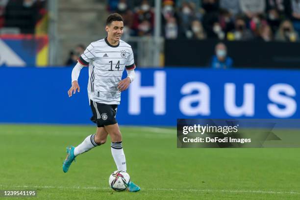 Jamal Musiala of Germany controls the Ball during the international friendly match between Germany and Israel at PreZero-Arena on March 26, 2022 in...