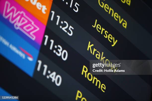 The departures board at Gatwick Airport on March 27, 2022 in London, England. Gatwick's South terminal closed in June 2020 to reduce costs during the...