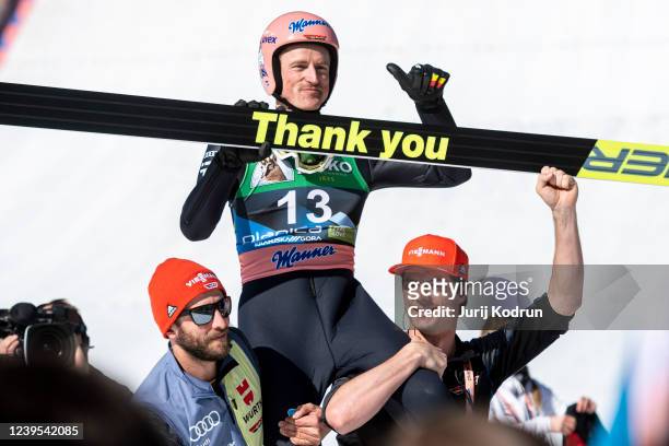 Severin Freund of Germany reacts after his final career jump during the Individual HS240 at the FIS World Cup Ski Flying Men Planica at Velikanka, on...