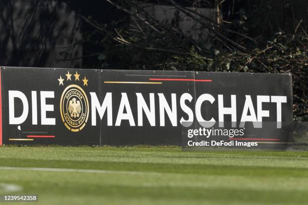 The lettering Die Mannschaft on the board during the Germany Training Session on March 22, 2022 in Frankfurt am Main, Germany.