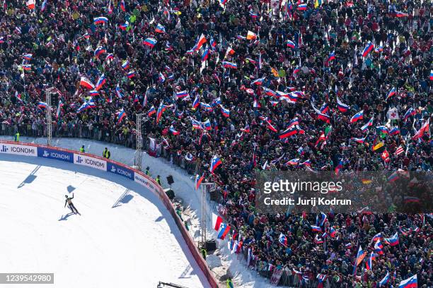 General view with fans and Ryoyu Kobayashi of Japan competing during the Individual HS240 at the FIS World Cup Ski Flying Men Planica at Velikanka,...