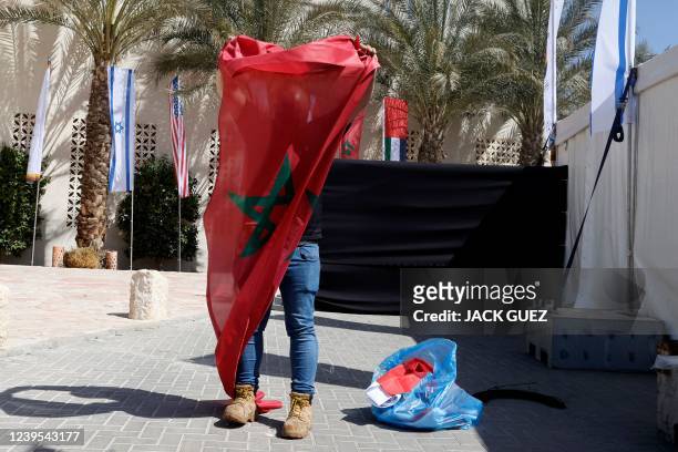 The Moroccan flag is set up ahead of Israel's Negev Summit, that will be attended by US Secretary of State Antony Blinken, Israels Foreign Minister...