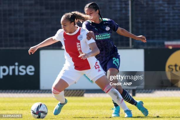 Chasity Grant of Ajax women, Esmee Brugts of PSV women during the Dutch Eredivisie women's match between Ajax and PSV at Sportcomplex De Toekomst on...