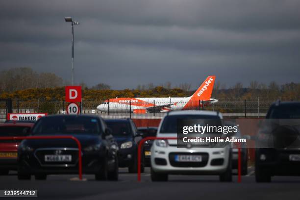 An easyJet aeroplane at Gatwick Airport on March 27, 2022 in London, England. Gatwick's South terminal closed in June 2020 to reduce costs during the...