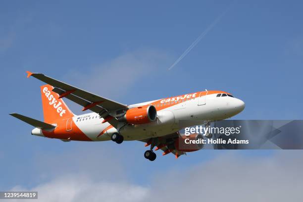 An easyJet aeroplane comes in for landing at Gatwick Airport on March 27, 2022 in London, England. Gatwick's South terminal closed in June 2020 to...