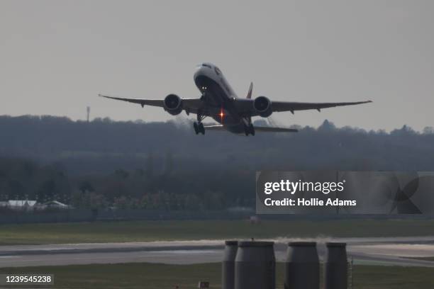 British airways aeroplane takes off at Gatwick Airport on March 27, 2022 in London, England. Gatwick's South terminal closed in June 2020 to reduce...