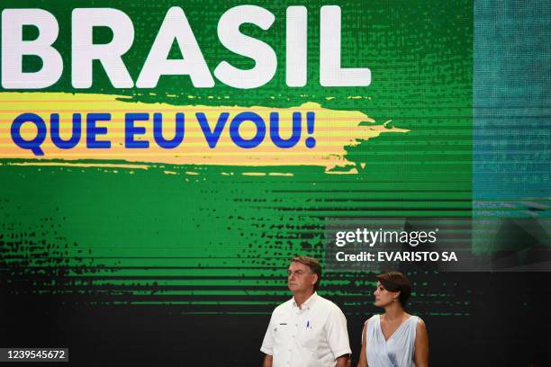 Brazil's President Jair Bolsonaro and his wife Michelle Bolsonaro take part in an event by the right-wing Liberal Party , which he had officially...