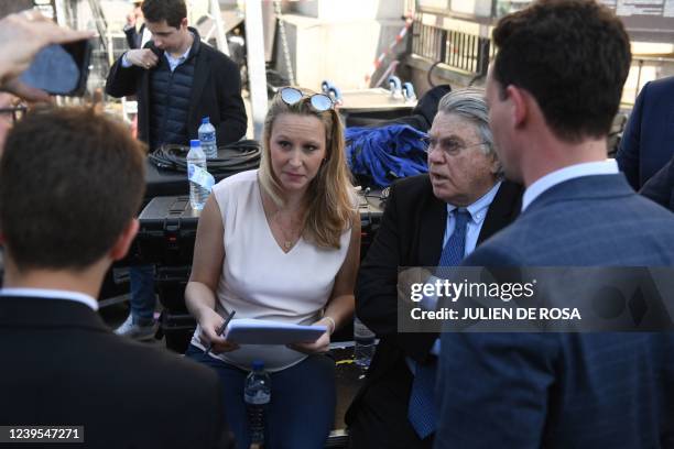 French former Member of Parliament Marion Marechal and Reconquete!'s spokesperson Gilbert Collard attend a campaign rally for French far-right...