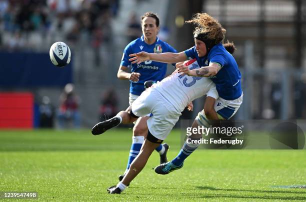 Francesca Sberna of Italy Women tackled by Maelle Filopon of France Women during the Six Nations Womens Rugby match between France and Italy at Stade...