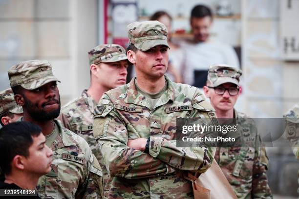 Members of the United Sates military, soldiers are seen on a city tour on March 26, 2022 in Warsaw, Poland. President Biden spent his second day in...