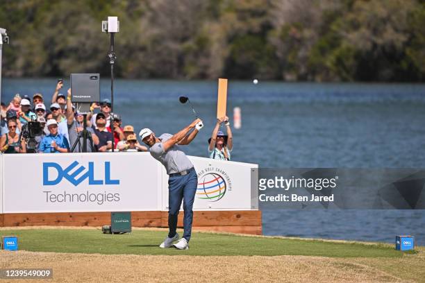 Dustin Johnson tees off on the 14th hole during Round 6, a semi-final match, of the World Golf Championships-Dell Technologies Match Play at Austin...