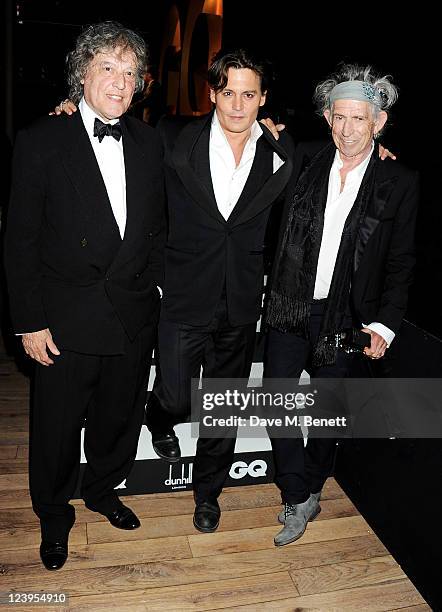 Tom Stoppard, Johnny Depp and Keith Richards pose at attends the GQ Men Of The Year Awards Ceremony 2011 at The Royal Opera House on September 6,...