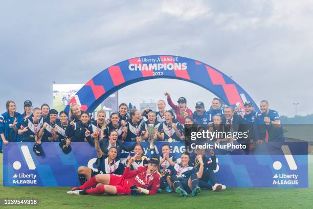 Melbourne Victory players and staff celebrate during the presentation ceremony after winning the A-League Womens Grand Final match between Sydney FC...