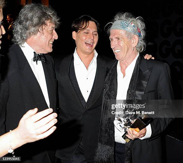 Tom Stoppard, Johnny Depp and Keith Richards pose at the GQ Men Of The Year Awards Ceremony 2011 at The Royal Opera House on September 6, 2011 in...