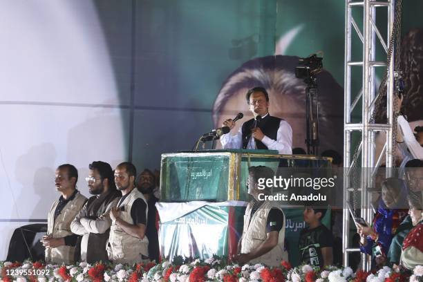 Prime Minister Imran Khan speaks during a rally as thousands of supporters of ruling Pakistan Tehreek-e-Insaf party gather ahead of a no-confidence...