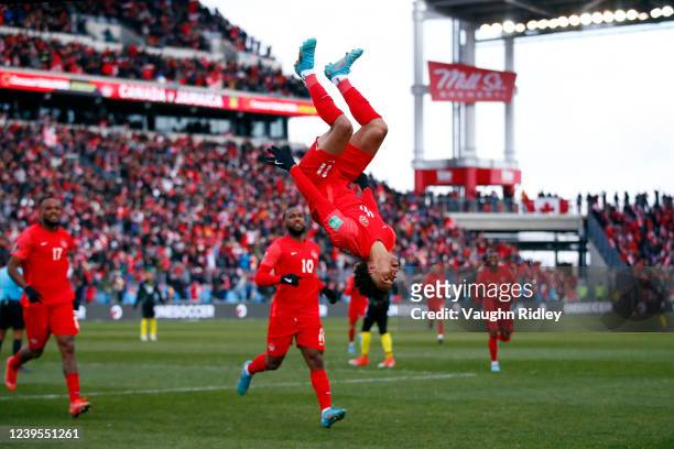 Tajon Buchanan of Canada celebrates a goal during a 2022 World Cup Qualifying match against Jamaica at BMO Field on March 27, 2022 in Toronto,...