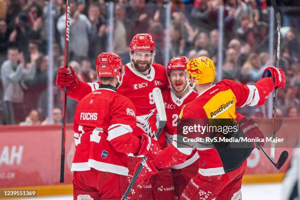 Fabian Heldner of Lausanne HC celebrates his goal with teammates during the National League Play Off Quarter final - Game 2 match between Lausanne HC...