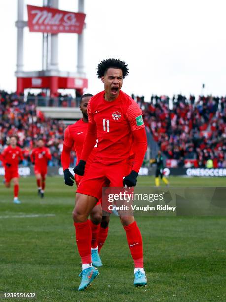 Tajon Buchanan of Canada celebrates a goal during a 2022 World Cup Qualifying match against Jamaica at BMO Field on March 27, 2022 in Toronto,...