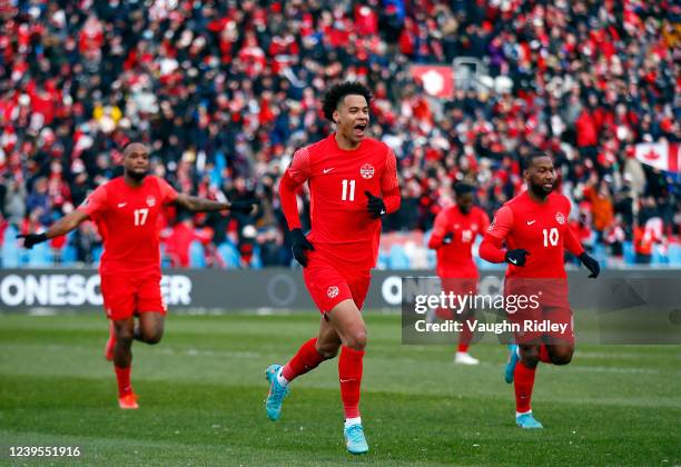 Tajon Buchanan of Canada celebrates a goal during a 2022 World Cup Qualifying match against Jamaica at BMO Field on March 27, 2022 in Toronto,...