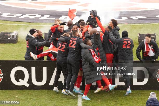 The Canadian mens national team celebrate after defeating Jamaica 4-0 in their World Cup Qualifying match at BMO Field in Toronto, Ontario, Canada on...