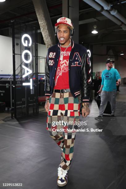 Kelly Oubre Jr. #12 of the Charlotte Hornets arrives to the arena before the game against the Brooklyn Nets on March 27, 2022 at Barclays Center in...