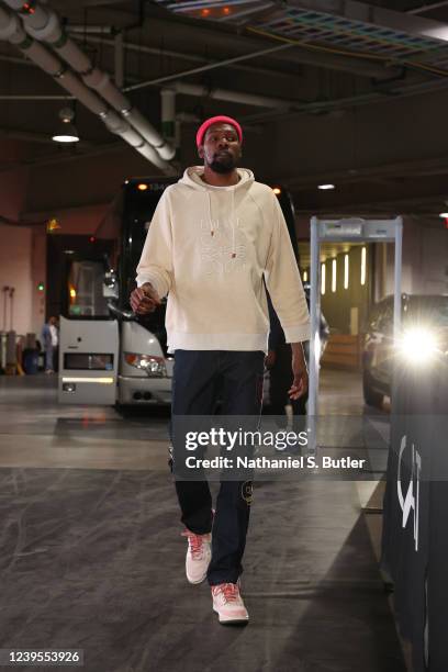 Kevin Durant of the Brooklyn Nets arrives to the arena before the game against the Charlotte Hornets on March 27, 2022 at Barclays Center in...