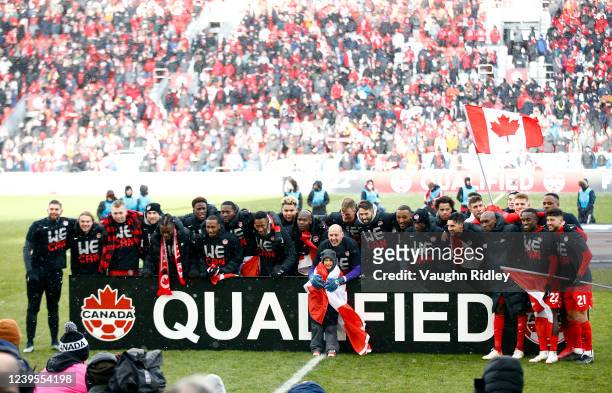Canada celebrates after the final whistle following a 2022 World Cup Qualifying match against Jamaica at BMO Field on March 27, 2022 in Toronto,...