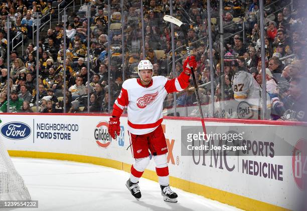 Jakub Vrana of the Detroit Red Wings celebrates his second period goal against the Pittsburgh Penguins at PPG PAINTS Arena on March 27, 2022 in...