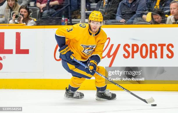 Jeremy Lauzon of the Nashville Predators skates against the Philadelphia Flyers during an NHL game at Bridgestone Arena on March 27, 2022 in...