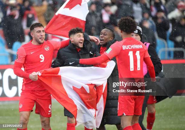 Canada Lucas Cavallini , Canada Jonathan Osorio , Canada Richie Laryea and Canada Tajon Buchanan celebrate as Canada beats Jamaica in FIFA CONCACAF...