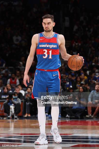 Tomas Satoransky of the Washington Wizards handles the ball during the game against the Golden State Warriors on March 27, 2022 at Capital One Arena...