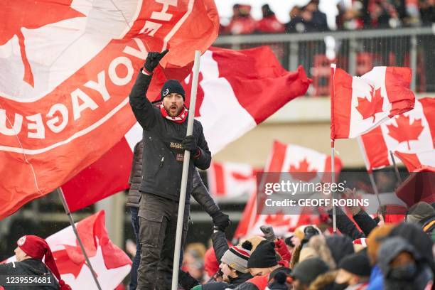 Canadian fans celebrate during the final few minutes of Canada 4-0 win over Jamaica in their World Cup Qualifying match at BMO Field in Toronto,...