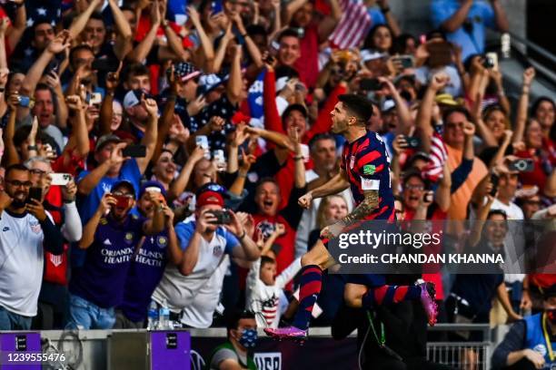 S Christian Pulisic celebrates after scoring a goal during US Mens National Teams 2022 FIFA World Cup Qualifier vs. Panama at Exploria Stadium in...