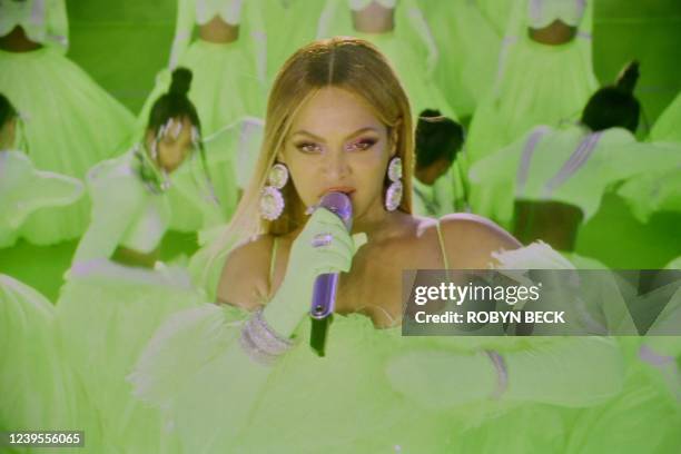 Singer-songwriter Beyonce performs during the 94th Oscars at the Dolby Theatre in Hollywood, California on March 27, 2022.