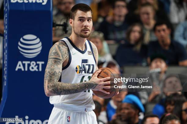 Juancho Hernangomez of the Utah Jazz looks on during the game against the Dallas Mavericks on March 27, 2022 at the American Airlines Center in...