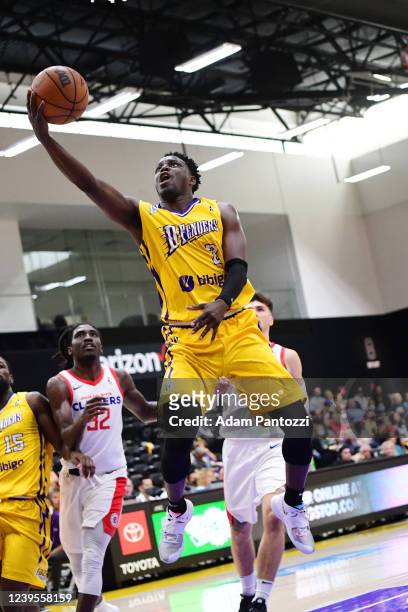 Darren Collison of the South Bay Lakers drives to the basket during the game against the Agua Caliente Clippers on March 27, 2022 at UCLA Heath...