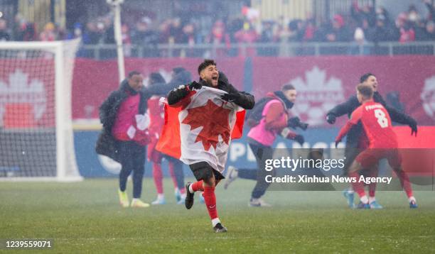 Jonathan Osorio of Canada celebrates victory after the FIFA World Cup CONCACAF qualifiers match between Canada and Jamaica in Toronto, Canada, on...