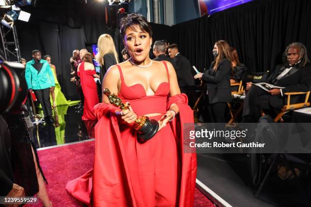 March 27, 2022: Ariana DeBose holds her Oscar for best supporting actress backstage during the show at the 94th Academy Awards at the Dolby Theatre...