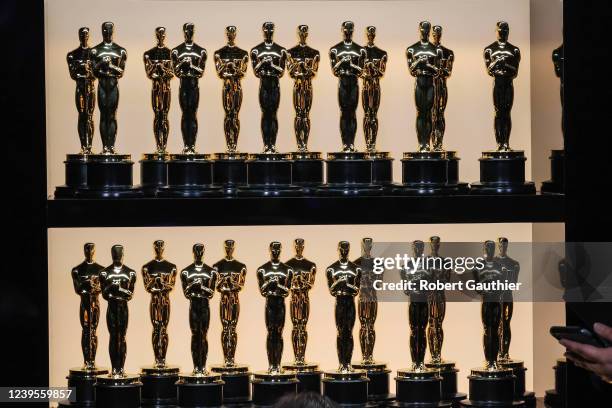 March 27, 2022: Oscar statuettes sit on display backstage during the show at the 94th Academy Awards at the Dolby Theatre at Ovation Hollywood on...