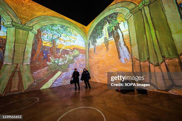 Two people are looking at an immersive art exhibition. The Immersive Van Gogh exhibition is dedicated to the artwork of painter Vincent Van Gogh in...