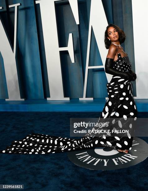 Actress Laura Harrier attends the 2022 Vanity Fair Oscar Party following the 94th Oscars at the The Wallis Annenberg Center for the Performing Arts...