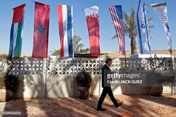 Flags are set up during Israel's Negev Summit attended by the US Secretary of State, alongside Foreign Ministers of Israel, Egypt, Bahrain, the UAE,...