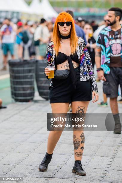 Fashionable attendee during day three of Lollapalooza Brazil Music Festival at Interlagos Racetrack on March 27, 2022 in Sao Paulo, Brazil.