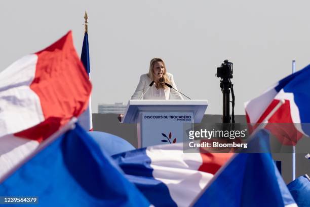 Marion Marechal, former lawmaker of the National Rally party, speaks at a campaign event for Presidential candidate Eric Zemmour in Paris, France, on...