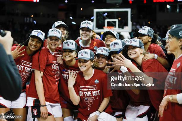The Stanford Cardinal celebrate after winning the NCAA Division I Womens Basketball Championship elite eight round game between the Stanford Cardinal...