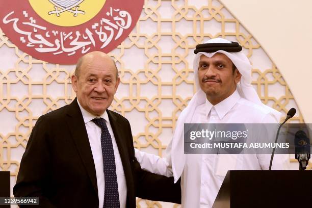 Qatar's Foreign Minister Sheikh Mohammed bin Abdulrahman bin Jassim al-Thani holds a joint press conference with his French counterpart Jean-Yves Le...