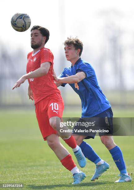 Lorenzo Amatucci of Italy U18 competes with Liam Scott Chipperfield of Switzerland U18 during the international friendly match between Italy U18 and...